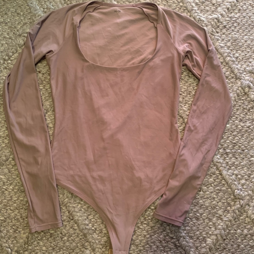 Alix NYC REVOLVE Irving Bodysuit Nude Deep V Long Sleeve Made In USA Size M